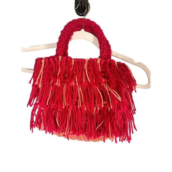 Handmade Handbags - Handmade Crocheted Fringe Bag Pink S Fringe Retro Boho HIppie Indie Folk Artsy